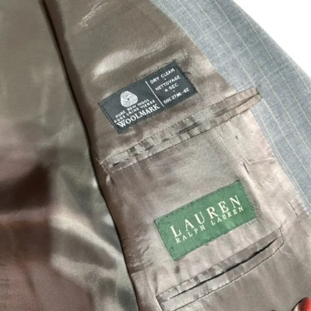 Vintage Ralph Lauren Men’s Double Breasted Blazer Wool Pinstripe‎ Gray Size 44L